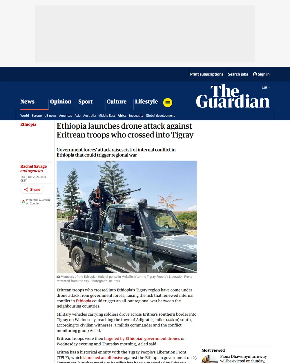 Top of the Guardian article headlined “Ethiopia launches drone attack against Eritrean troops who crossed into Tigray”, captured 11 October 2026.