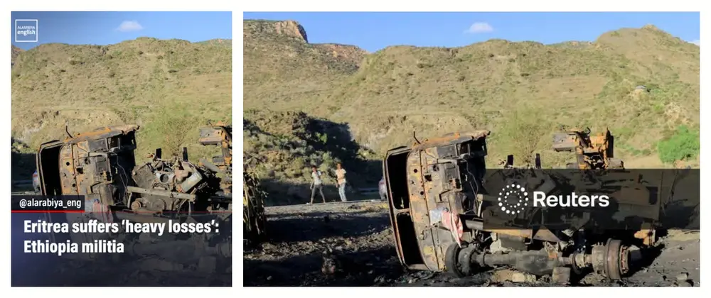 Al Arabiya's graphic beside the Reuters picture of the same burnt-out vehicle at Adi Mesno: the same cab, machinery, ridge line and cloud.