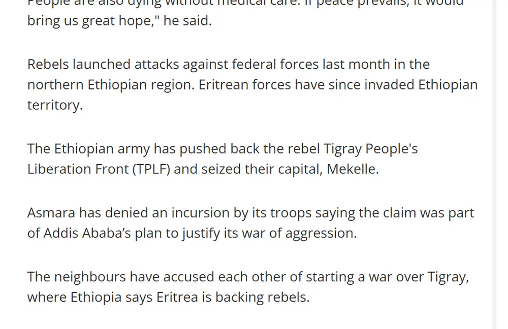 Africanews article text: “Eritrean forces have since invaded Ethiopian territory.”