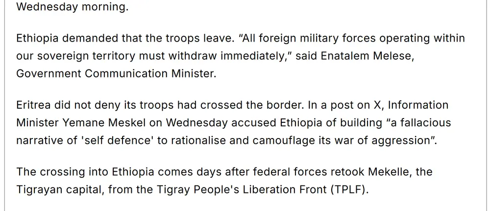 The National: “Eritrea did not deny its troops had crossed the border.”, followed by the information minister's post accusing Ethiopia of a “fallacious narrative”.